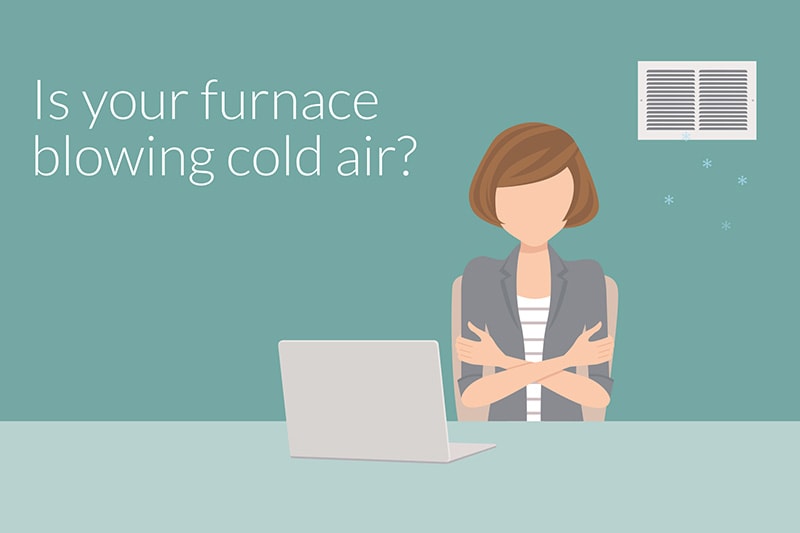 Video - Why Is My Furnace Blowing Cold Air? Image is an animated title page featuring a woman sitting at a desk with a computer on a turquoise background.