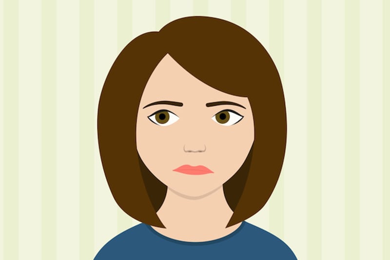 Video - Why Does My Heat Pump Smell Like It's Burning? Image is an animated photo of a woman with short brown hair looking confused and sniffing in front of a green and beige striped background.