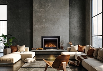 Electric fireplace in a contemporary grey living room with mid century modern furniture.